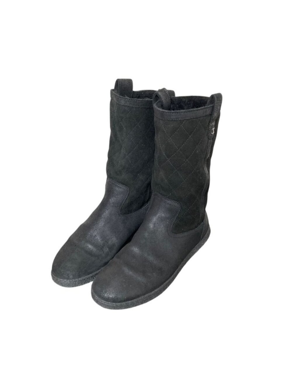 Chanel CC Logo Quilted Shearling Boots Black Autumn Winter